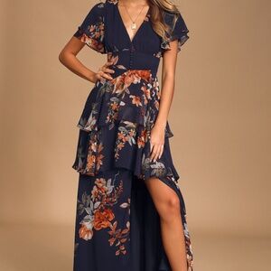 Lulus Midnight Mood Navy Blue Floral Print Tiered Maxi Dress - Size L